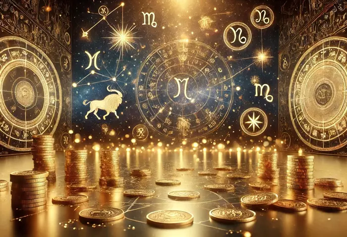 Symbolisk bild av stjärntecken och överflöd: guldmynt, stjärnbilder och astrologiska symboler mot en nattlig himmel.