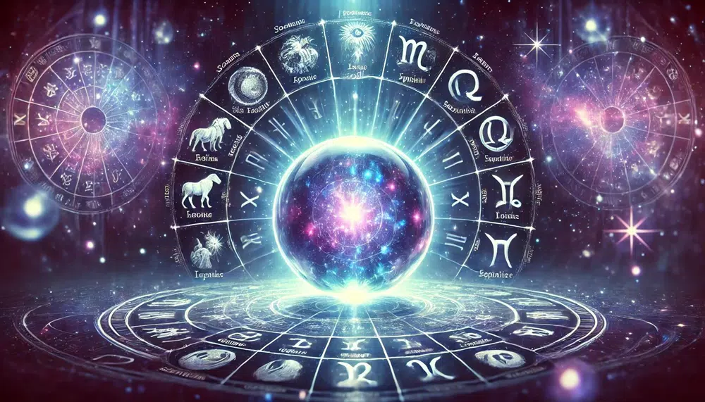 Mystisk kristallkula med de tolv stjärntecknens symboler, en kosmisk bakgrund och lysande stjärnljus.