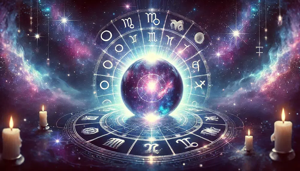 Strålande kristallkula med stjärntecknens symboler, mystisk blå-lila bakgrund och skimrande stjärnljus.